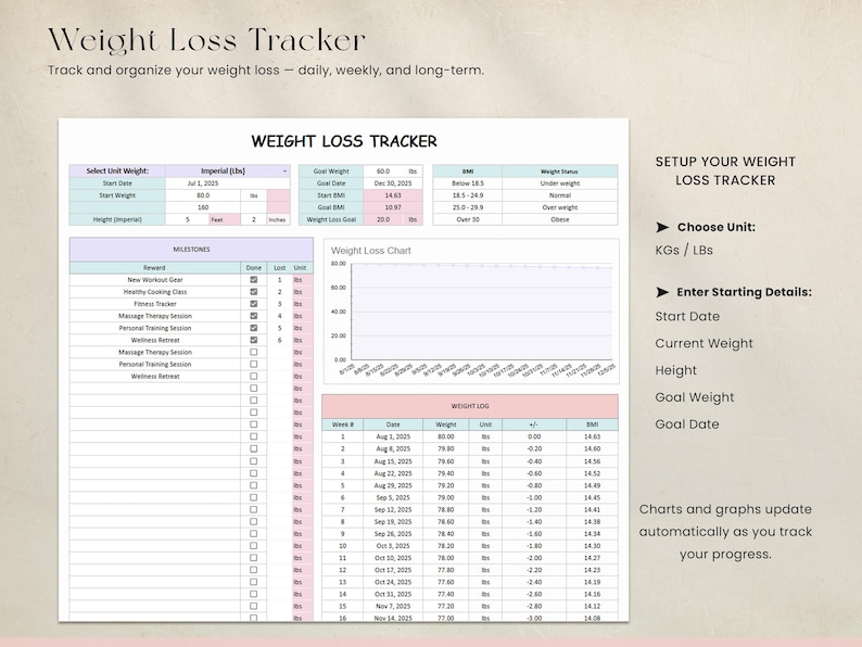 Printable Weight Loss Journal Spreadsheet
This Printable Weight Loss Journal Spreadsheet helps you track every aspect of your weight loss journey, from daily habits to long-term progress. Includes space for goals, motivation, exercise, and food tracking. A digital and printable tool for staying accountable and focused.