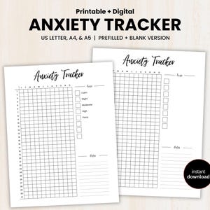 Puede incluir: Dos hojas blancas imprimibles de seguimiento de la ansiedad con el título "Anxiety Tracker" en una fuente de escritura. Las hojas incluyen una cuadrícula para el seguimiento, una clave para diferentes niveles de ansiedad y una sección de notas. El texto superior dice "Printable + Digital ANXIETY TRACKER".