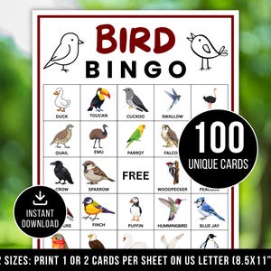 May include: A Bird Bingo game print with a red border. The game board displays illustrations of birds like a duck, toucan, and blue jay. The text "BIRD BINGO" is at the top, with "100 UNIQUE CARDS" in a black circle. The bottom text reads "2 SIZES: PRINT 1 OR 2 CARDS PER SHEET ON US LETTER (21.6 x 27.9 cm)".