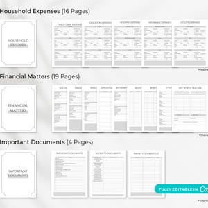 Estate planning binder printable with financial records, insurance information and asset tracking pages