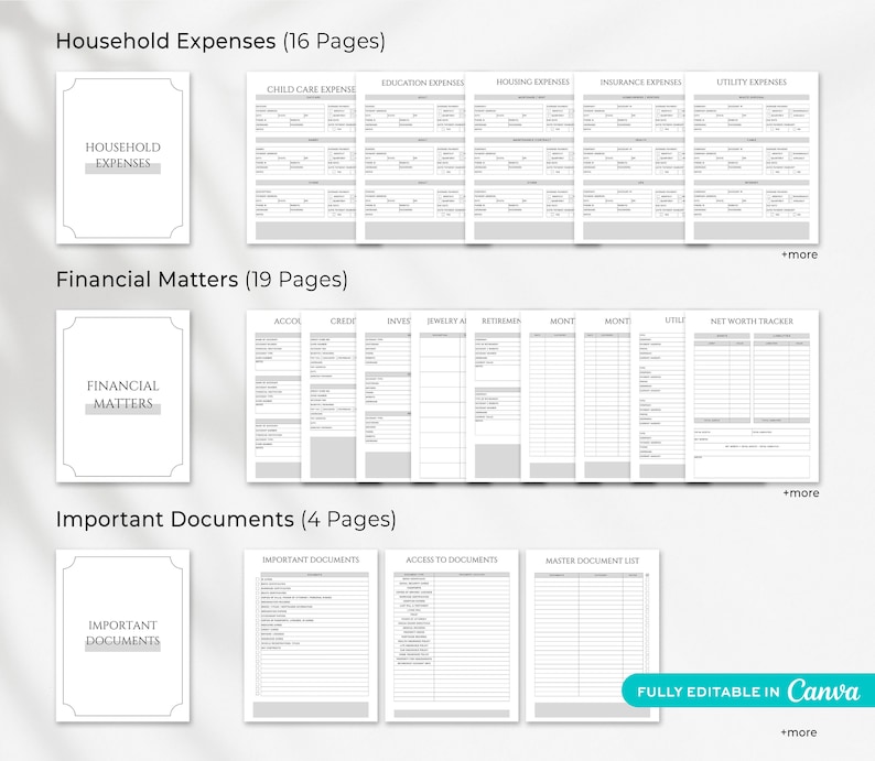 Estate planning binder printable with financial records, insurance information and asset tracking pages