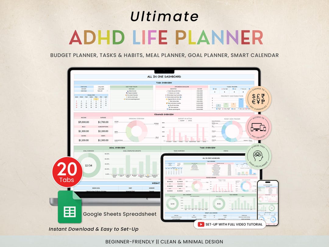ADHD Digital Organizer Planner Googlesheet Budget Tracker Productivity ...
