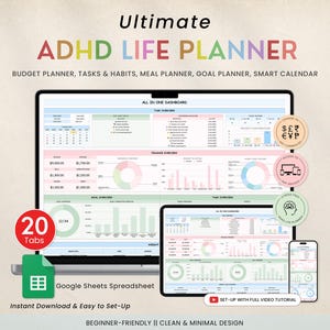 Puede incluir: Planificador de vida digital para TDAH que se muestra en una computadora portátil, tableta y teléfono inteligente. El planificador incluye funciones de presupuesto, tareas y planificación de comidas. La imagen muestra una hoja de cálculo de Google Sheets. El texto dice "Ultimate ADHD Life Planner."
