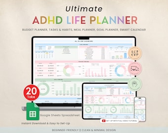 ADHD Digital Organizer Planner Googlesheet Budget Tracker Produktivitätsplaner Tagesziel To Do Liste EinsparungenSchulden Tracker Mahlzeitenplaner
