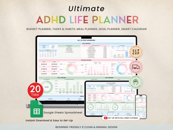 ADHD Digital Organizer Planner Googlesheet Budget Tracker Productivity Planner Daily Goal To Do List Savings Debt Tracker Meal Planner