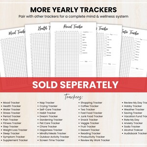 May include: A collection of printable yearly trackers, including mood, health, and period trackers. The trackers are designed to help with mind and wellness. The image also includes a list of other trackers, such as a habit tracker and a sleep tracker.