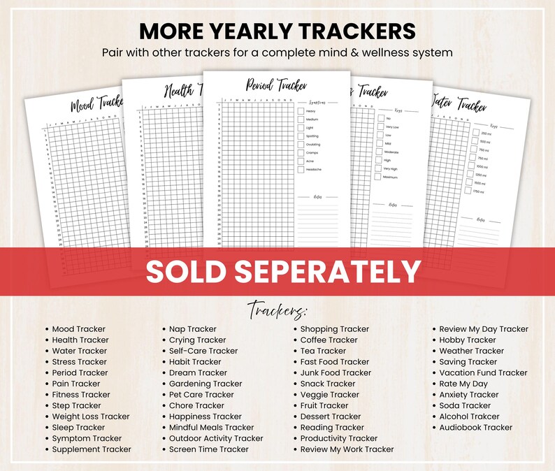 May include: A collection of printable yearly trackers, including mood, health, and period trackers. The trackers are designed to help with mind and wellness. The image also includes a list of other trackers, such as a habit tracker and a sleep tracker.