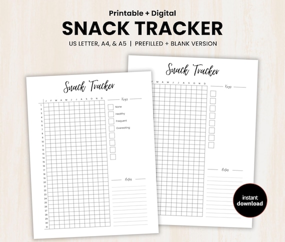 Snack Tracker, Printable Journal Page, Daily Snack Log, Eating Habit Tracker, food habit log, craving tracker, Snack Log, Instant Download