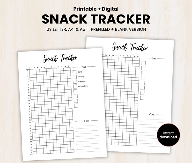 Snack Tracker, Printable Journal Page, Daily Snack Log, Eating Habit Tracker, food habit log, craving tracker, Snack Log, Instant Download