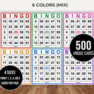 以下が含まれることがあります： 赤、緑、ピンク、オレンジ、青、紫のカラー枠が付いた6枚のビンゴカードセット。各カードは数字と中央のフリースペースがある5x5のグリッドで構成されています。テキストには「6 COLORS (MIX)」、「500 UNIQUE CARDS」、「4 SIZES PRINT 1, 2, 4, OR 6 CARDS PER PAGE」と記載されています。
