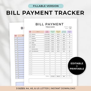 Puede incluir: Un rastreador de pago de facturas blanco con el texto "Bill Payment Tracker" y "Fillable Version". El rastreador incluye columnas para facturas, fechas de vencimiento, importes y opciones de pago automático.