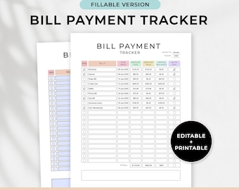 Editable Bill Payment Tracker, Printable Monthly Bill Payment Checklist, Expense and Bill Tracker, Bill Pay Organizer, Bill Payment Log,PDF