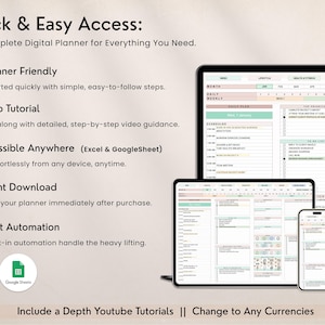 May include: Digital planner displayed on a tablet, laptop, and smartphone. The planner features a clean, organized layout with sections for daily, weekly, and monthly planning. Text on the image includes "Quick & Easy Access" and "Beginner Friendly."
