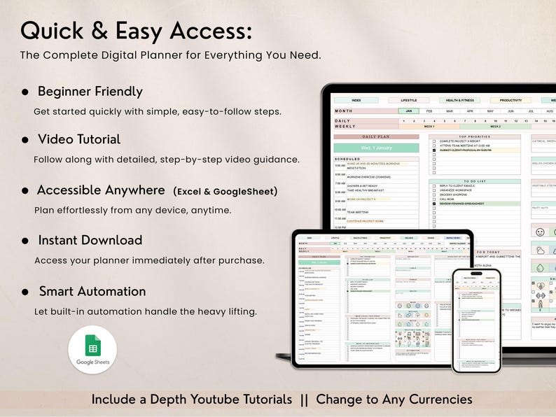 May include: Digital planner displayed on a tablet, laptop, and smartphone. The planner features a clean, organized layout with sections for daily, weekly, and monthly planning. Text on the image includes "Quick & Easy Access" and "Beginner Friendly."