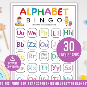 Alphabet Bingo, 30 Alphabet Bingo Cards, ABC Bingo Game, Preschool Classroom Activity, Upper and Lower Case Bingo, Alphabet Worksheets