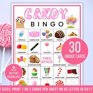 Könnte beinhalten: Eine rosa und weiße Candy Bingo-Spielkarte mit verschiedenen Süßigkeiten-Illustrationen, darunter Lollis, Gummibärchen und Schokolade. Die Karte enthält den Text "Candy Bingo" und "30 Unique Cards". Im Hintergrund ist ein rosa und weißer Lolli zu sehen.
