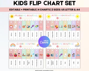 Afdrukbare flip-over voor kinderen, bewerkbare flip-over 's ochtends en' s avonds voor het slapengaan, visueel schema voor kinderen, takenlijst voor peuters Canva-sjabloon pdf