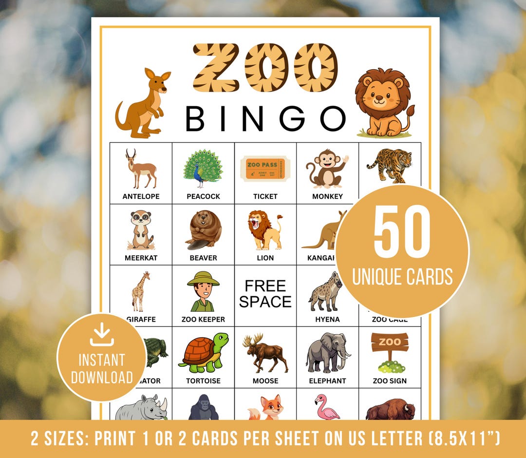 Zoo Bingo, 50 Zoo Bingo Cards, Printable Animal Bingo, Zoo Party Game ...