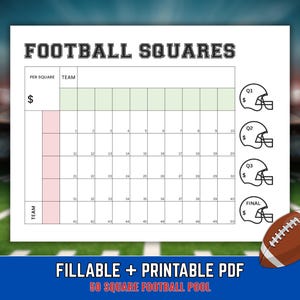 May include: A printable football squares grid featuring the title FOOTBALL SQUARES, a numbered chart from 1 to 50, columns for team names, a dollar sign symbol, and four football helmet icons labeled Q1, Q2, Q3, and FINAL for score tracking.