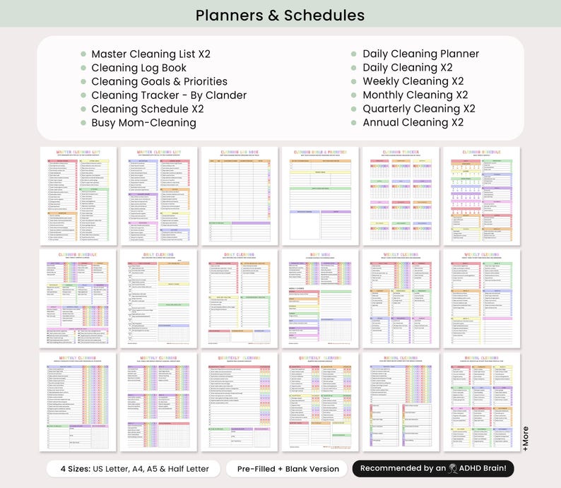 ADHD-friendly cleaning planner pages with clear sections, icons and easy-to-follow layout for better productivity