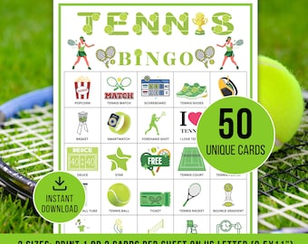 Printable Tennis Bingo Cards, Tennis Bingo Game, Tennis Watch Party Game, Family Fun Tennis Bingo Game, Kids Tennis Bingo, PDF Download