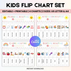 Op de afbeelding: Een Kids Flip Chart Set met vier schema's voor ochtend-, middag-, klus- en bedtijdroutines. Elk schema heeft geïllustreerde taken met selectievakjes. De set is bewerkbaar en printbaar, verkrijgbaar in US Letter en A4 formaten.