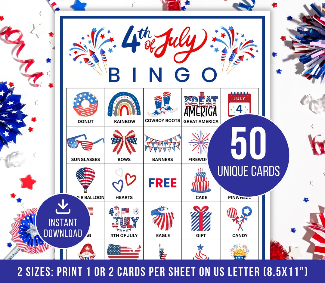 Patriotic Bingo, 50 Patriotic Bingo Cards, Printable Party Games, 4th ...