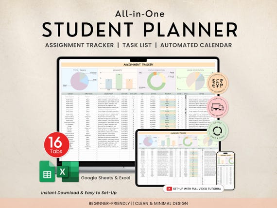 Academic Student Planner Spreadsheet Google Sheets Excel Assignment Project Exam Tracker Study Planner Template University Class Planner