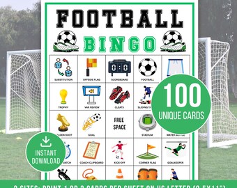 Voetbalbingo, 100 afdrukbare voetbalbingokaarten, voetbalbingogames, voetbalfeestspel, voetbalactiviteit, klasbingospel voor kinderen