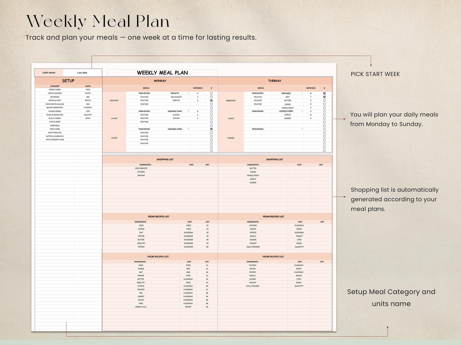 Weekly Meal Planner Spreadsheet Google Sheets Excel Recipe Journal ...