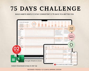 75 Tage Challenge Tracker Google Sheets & Microsoft Excel, Fitnessplaner Täglicher Habit Tracker Zieltracker Gesundheits- und Wellnessplaner