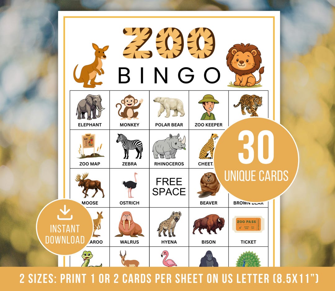 Zoo Bingo, 30 Zoo Bingo Cards, Printable Animal Bingo, Zoo Party Game ...