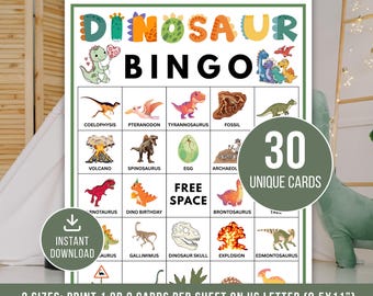 Dinosaur Bingo Cards, 30 Dinosaur Bingo Game, Printable Dinosaur Birthday Party Game For Kids, Kids Classroom Activity, Instant Download