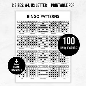 May include: A printable PDF document titled BINGO PATTERNS featuring twenty grid-based bingo card designs with black dots forming shapes like an airplane, diamond, house, and others. The text includes 2 SIZES: A4, US LETTER, 100 UNIQUE CARDS, and INSTANT DOWNLOAD.