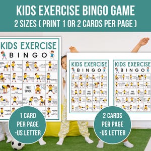 Kids Exercise Bingo, Exercise Bingo Cards, Printable Fitness Bingo Game, Kids Indoor Recess Activity, Classroom Bingo game, Instant Download