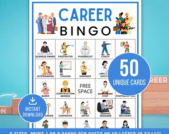 Carrièrebingo, 50 carrièrebingokaarten, carrièrebingospel, afdrukbare klasactiviteit voor kinderen, beroepen bingokaarten, direct downloaden