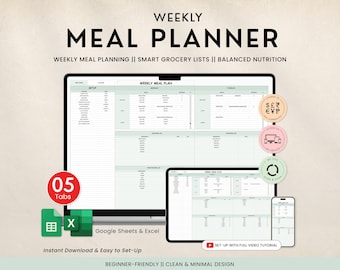 Wöchentlicher Mahlzeitenplaner und Einkaufsliste, Calorie Tracker Automatische Einkaufsliste, Food Prep, Digitaler Essensplaner, Google Sheets & Excel