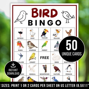 May include: A Bird Bingo game with a red border, featuring illustrations of various birds like an ostrich, duck, and toucan. The game includes 50 unique cards and is available for instant download. The text on the bottom reads "2 SIZES: PRINT 1 OR 2 CARDS PER SHEET ON US LETTER (8.5X11")".