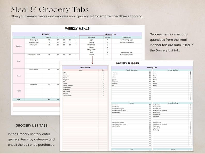 Meal Planner and Grocery List Template
Plan healthy meals ahead of time with this editable Meal Planner and Grocery List Template. Organize weekly food plans and track ingredients with ease. Ideal for clean eating, meal prepping, or staying consistent with a weight loss routine. Works in both Excel and Google Sheets.