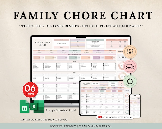 Printable Chore Chart Google Sheet Excel Template Planner, Family Chore ...