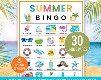 Summer Bingo, 30 Summer Bingo Cards, Printable Summer Game, Kid's Summer Bingo, Summertime Game, Summer Activity, Kids Vacation Bingo