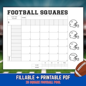 May include: A white printable football squares game sheet with black text and lines. The grid features 25 squares, a cost per square section, and four football helmet icons labeled Q1, Q2, Q3, and FINAL. A brown football is positioned at the bottom right.