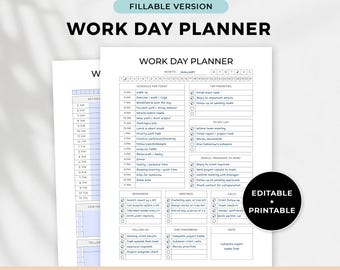 Puede incluir: Un planificador diario de trabajo imprimible con un diseño azul y blanco. El planificador incluye secciones para la programación, las principales prioridades, las listas de tareas, los correos electrónicos y las llamadas. El texto en el planificador incluye "Work Day Planner", "Editable + Printable", y "4 Sizes: A4, A5, & US Letter, Half Letter | Instant Download".