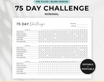 Bewerkbare 75-daagse uitdagingstracker, afdrukbare 75-daagse uitdaging, 75-daagse fitness- en gezondheidsdagboek, gewichtsverliesuitdaging, A4, US Letter, pdf