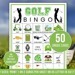 Può includere: Un cartoncino da gioco del Bingo a tema golf, verde e bianco, con illustrazioni di oggetti legati al golf. Il cartoncino presenta il testo "GOLF BINGO" e "50 CARTE UNICHE". Progettato per la stampa su carta formato US Letter (circa 21,6 x 27,9 cm).