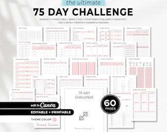 75 Day Challenge Tracker Bundle, Daily 75 Day Challenge journal, Printable 75 Day Challenge , Editable Fitness Journal, 75 day Habit Tracker