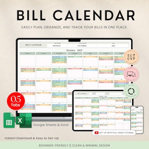 Puede incluir: Calendario de facturas digital mostrado en una computadora, tableta y teléfono. El calendario está etiquetado como "Bill Calendar" e incluye el texto "Easily plan, organize, and track your bills in one place." Compatible con Google Sheets y Excel.