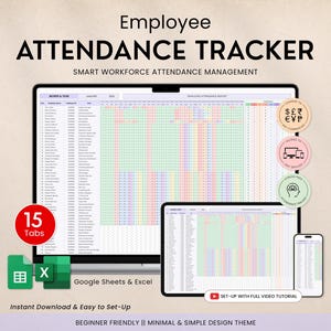 Może przedstawiać: Śledzenie obecności pracowników wyświetlane na monitorze komputera, tablecie i smartfonie. Obraz zawiera tekst "Employee Attendance Tracker" i "Google Sheets & Excel". Dodatkowy tekst to "15 kart", "Natychmiastowe pobieranie i łatwa konfiguracja" oraz "Przyjazny dla początkujących".