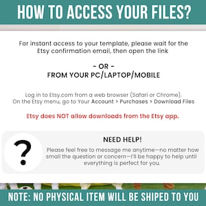 May include: A white digital download instruction sheet with teal and black text. The text includes instructions on how to access files after purchase, including accessing files from a PC or mobile device. A question mark icon is also present.