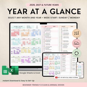 Year at a Glance Calendar Google Sheets & Excel Template, Yearly Planner, Auto Updating Calendar, Start Any Month, Events Content Planner